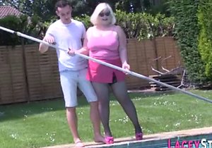 Outdoor poolside fucking with a plump blonde hoe