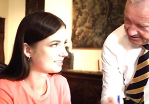 Mature man with a hot cock fucking a brunette gal