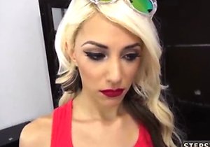 Really thin blonde with trendy shades fucking